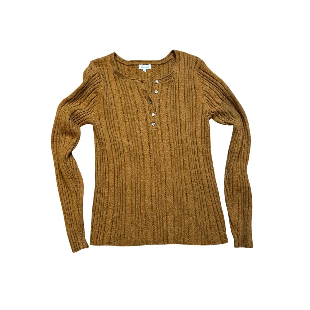 Sundance Ribbed Knit Henley Top Long Sleeve Brown Cottagecore Knitwear
